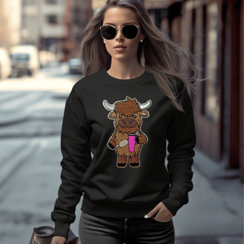 Shit Happens Crewneck - "Highland Cow Chenille Patch"